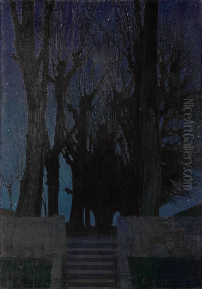 Weidenbaume bei Nacht Oil Painting by Oskar Zwintscher