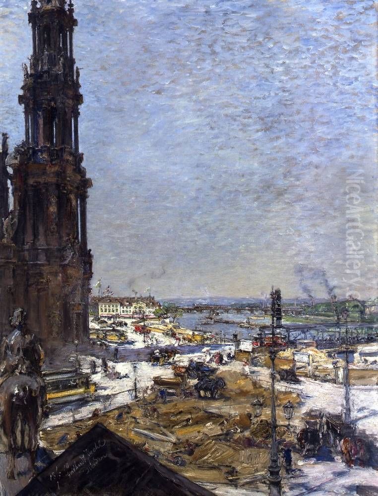Der Bruckenbau (Umbau der Augustusbrucke in Dresden) Oil Painting by Gotthardt Kuehl