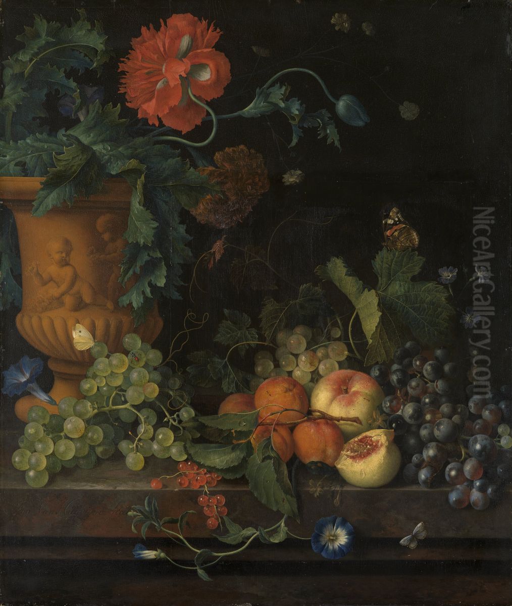 Tonvase mit Blumen, daneben Fruchte Oil Painting by Jan Van Huysum