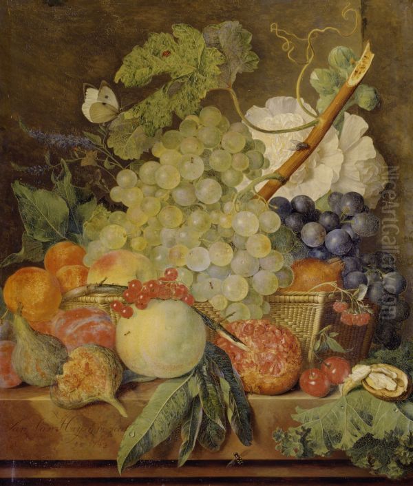 Fruit on a marble table and a basket with flowers and a butterfly Oil Painting by Jan Van Huysum