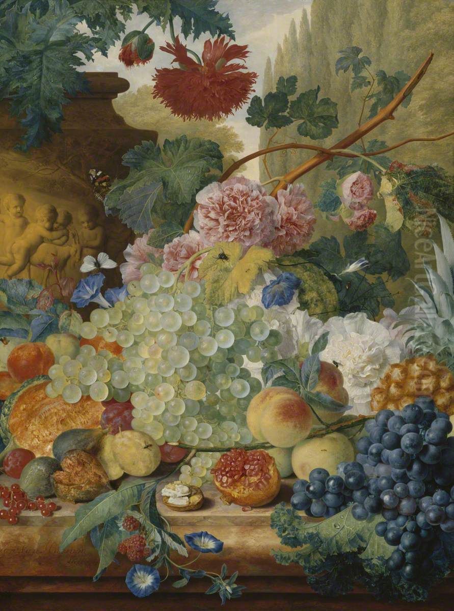A Still Life of Flowers and Fruit, upon a Ledge, in a Park Setting Oil Painting by Jan Van Huysum