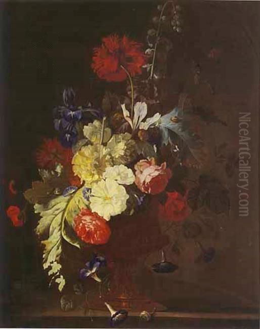 Bouquet with hollyhock, opium poppy, and other flowers in a vase with medallion Oil Painting by Justus van Huysum