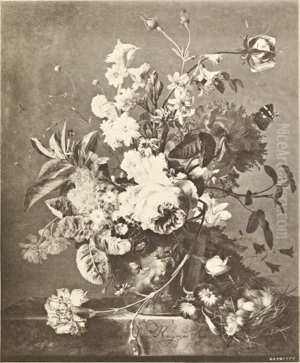Still Life with Hyacinths and Roses in a Terracotta Vase on a Marble Table Oil Painting by Jan Van Huysum