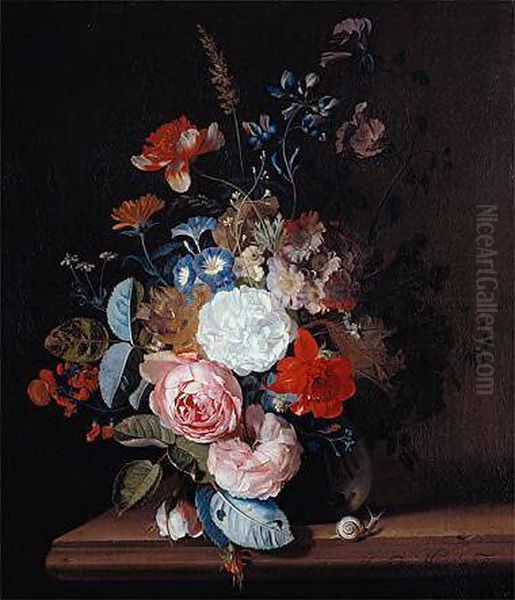 Bloemstilleven in een glazen vaas op een stenen plint Oil Painting by Jan Van Huysum
