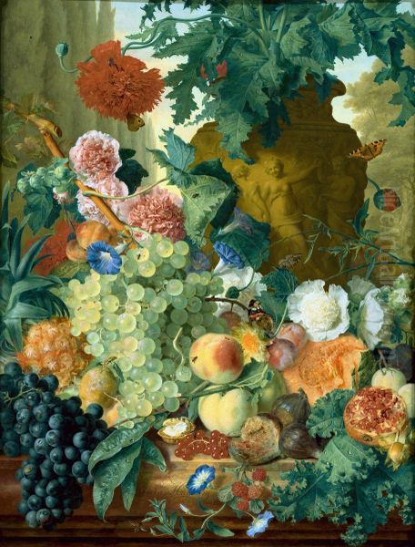 Fruit and Flowers in front of a Garden Vase with an Opium Poppy and a Row of Cypresses 1731-2 Oil Painting by Jan Van Huysum