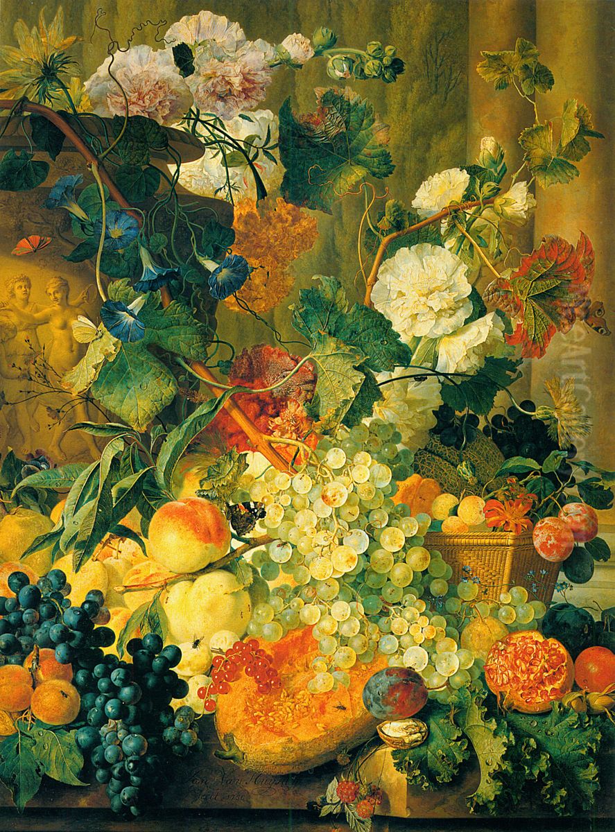 Hollyhocks and Fruit by Two Columns Oil Painting by Jan Van Huysum