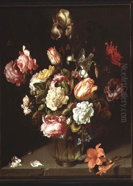 Flowers in a Glass Vase in a Niche Oil Painting by Jacob Vosmaer