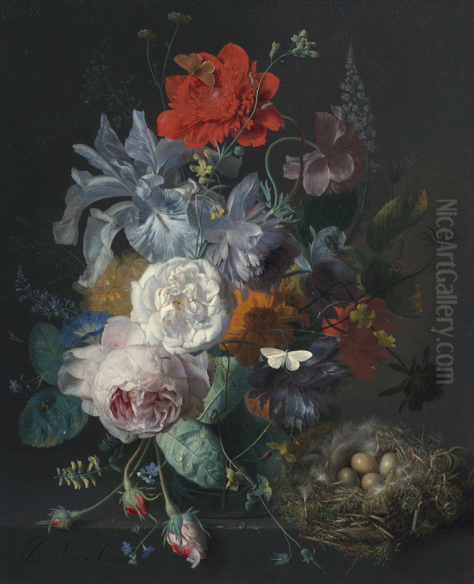 Glass Vase with Flowers, a Poppy and a Finch Nest Oil Painting by Jan Van Huysum