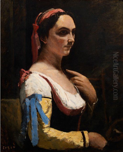 L'Italienne ou La Femme a la Manche Jaune Oil Painting by Jean-Baptiste Camille Corot