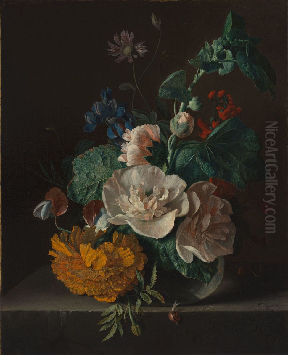 Floral Still Life with Hollyhock and Marigold Oil Painting by Jan Van Huysum