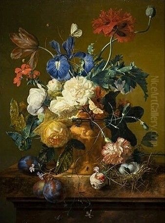 Vase of Flowers in a flower pot and a bird's nest on a marble slab Oil Painting by Jan Van Huysum