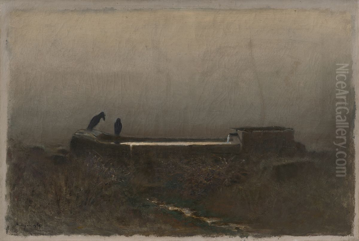 Watering Place with Ravens Oil Painting by Laszlo Mednyanszky