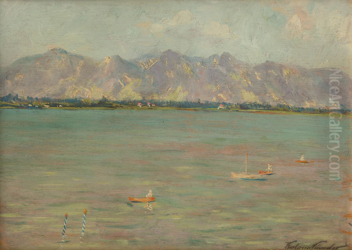Mountain Landscape with a Lake Oil Painting by Nandor Katona