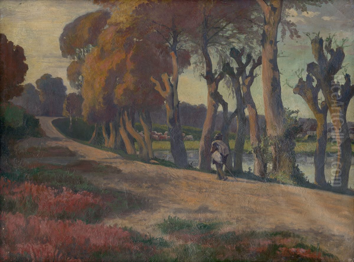 Krajina s pastierom Oil Painting by Jozef Hanula