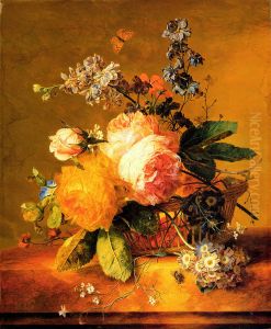 Rozen en andere bloemen in een rieten mand op een marmeren blad