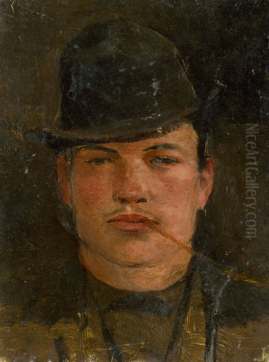 Head of a Lad with a Stiff Hat and a Cheroot Oil Painting by Laszlo Mednyanszky
