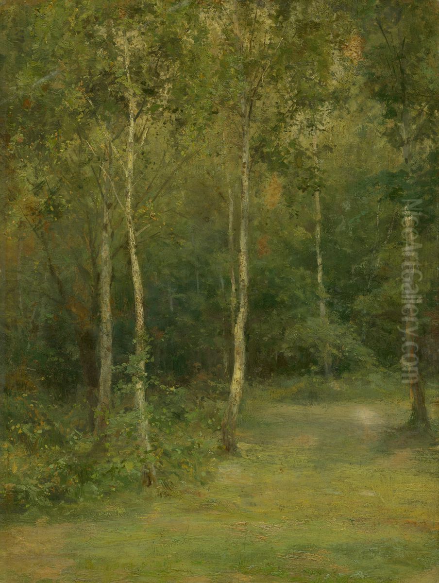 Lesnata krajina s briezkami Oil Painting by Lajos Csordak