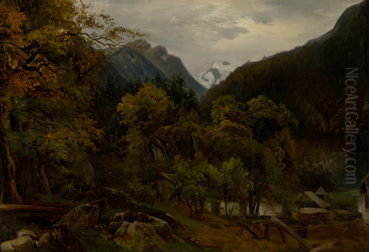 Horska krajina s drevenymi chatrcami Oil Painting by Sandor Brodszky