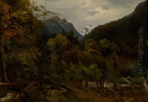 Horska krajina s drevenymi chatrcami