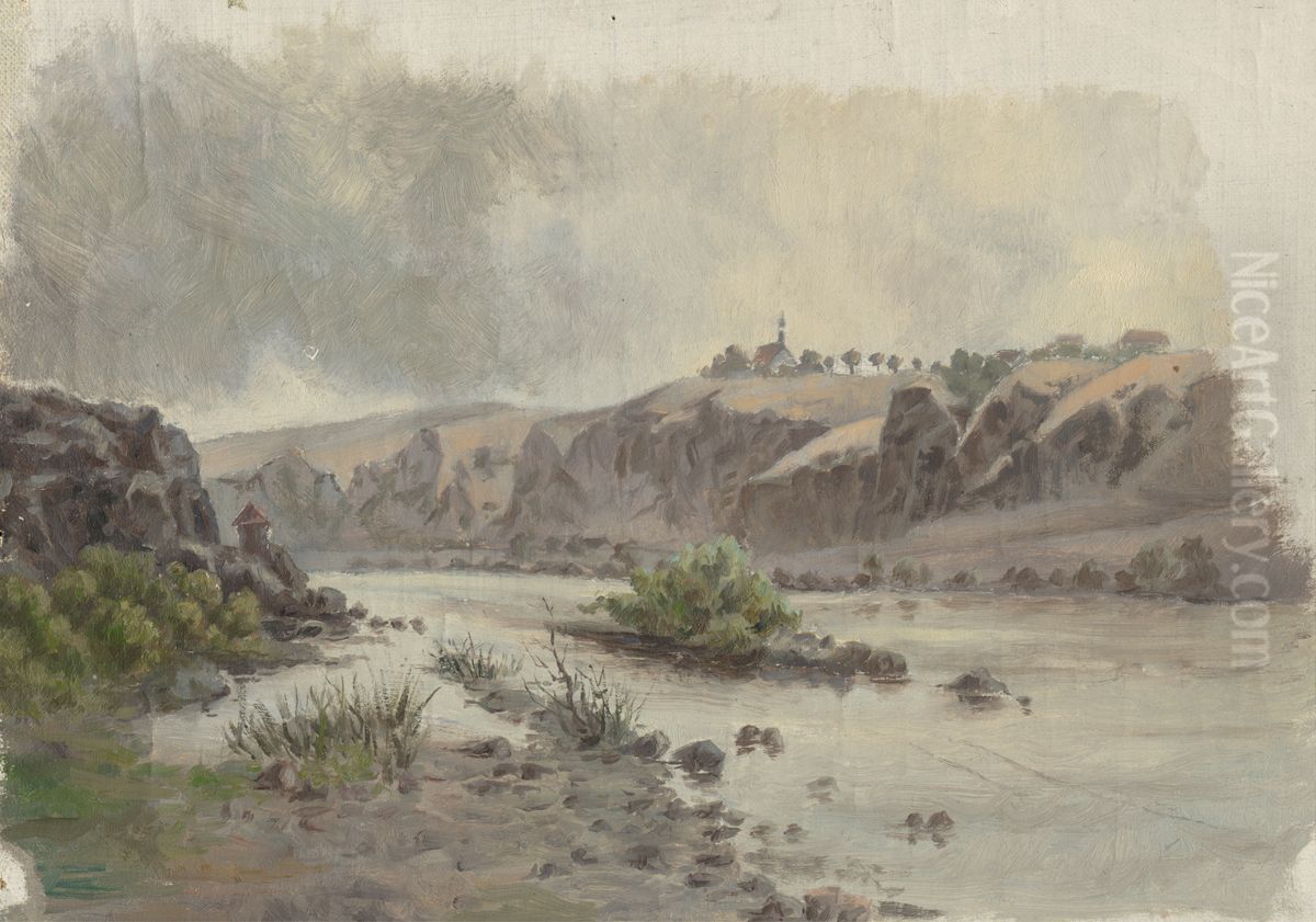 Church on a Bank above a River Oil Painting by Jan Nowopacky