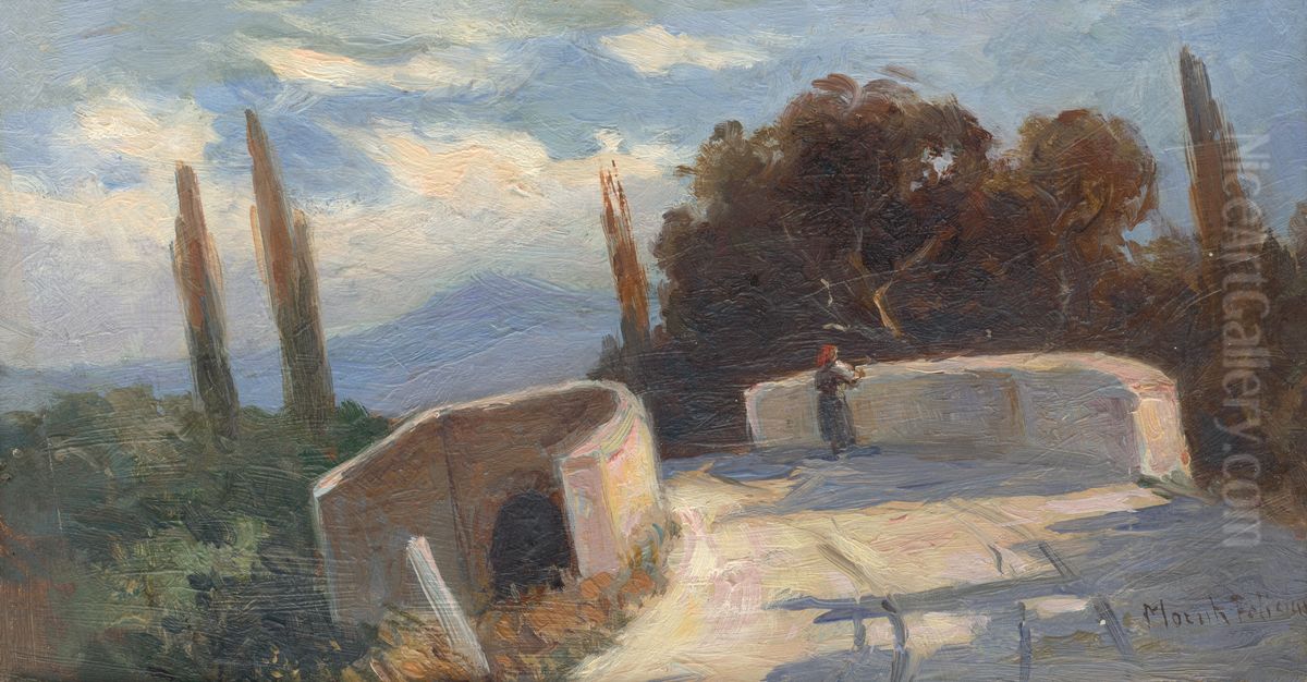 Bridge with Cypresses Oil Painting by Felician Moczik