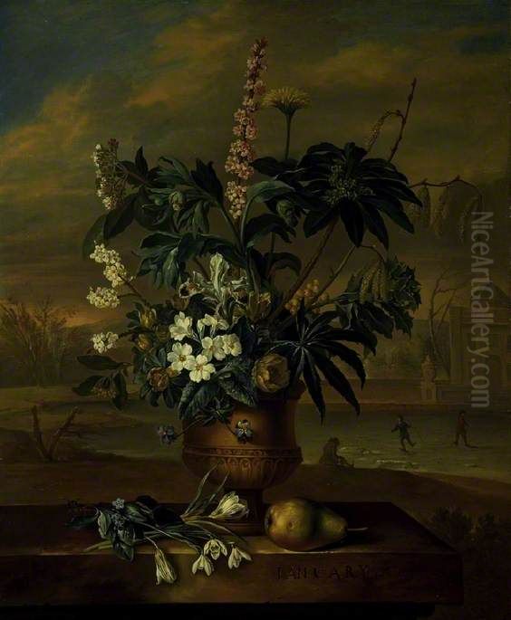 January- Flower piece with skaters in the background Oil Painting by Jacob van Huysum