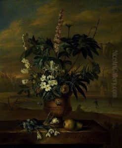 January- Flower piece with skaters in the background