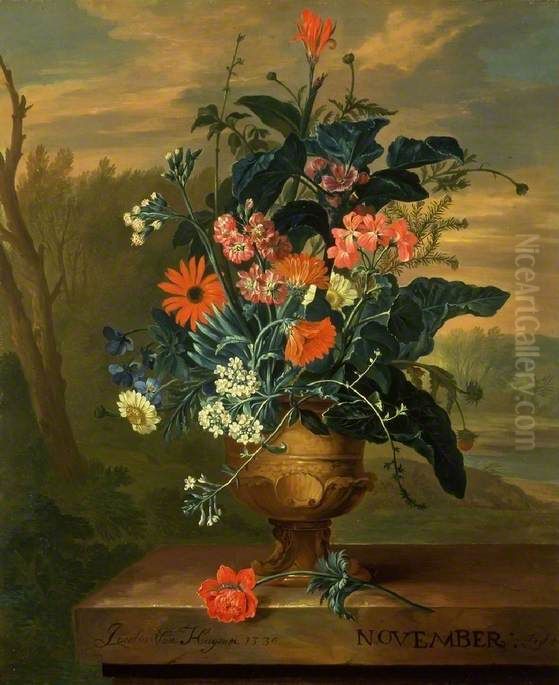 NOVEMBER-Bloemstilleven in een vaas, op een marmeren piedestal, voor een landschap Oil Painting by Jacob van Huysum