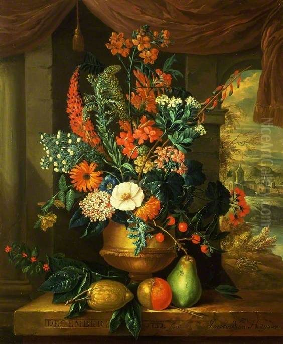 DECEMBER-Bloemstilleven in een vaas en vruchten op een marmeren balustrade, in een interieur; geheel rechts een open venster met een doorkijkje op een landschap met dorp Oil Painting by Jacob van Huysum