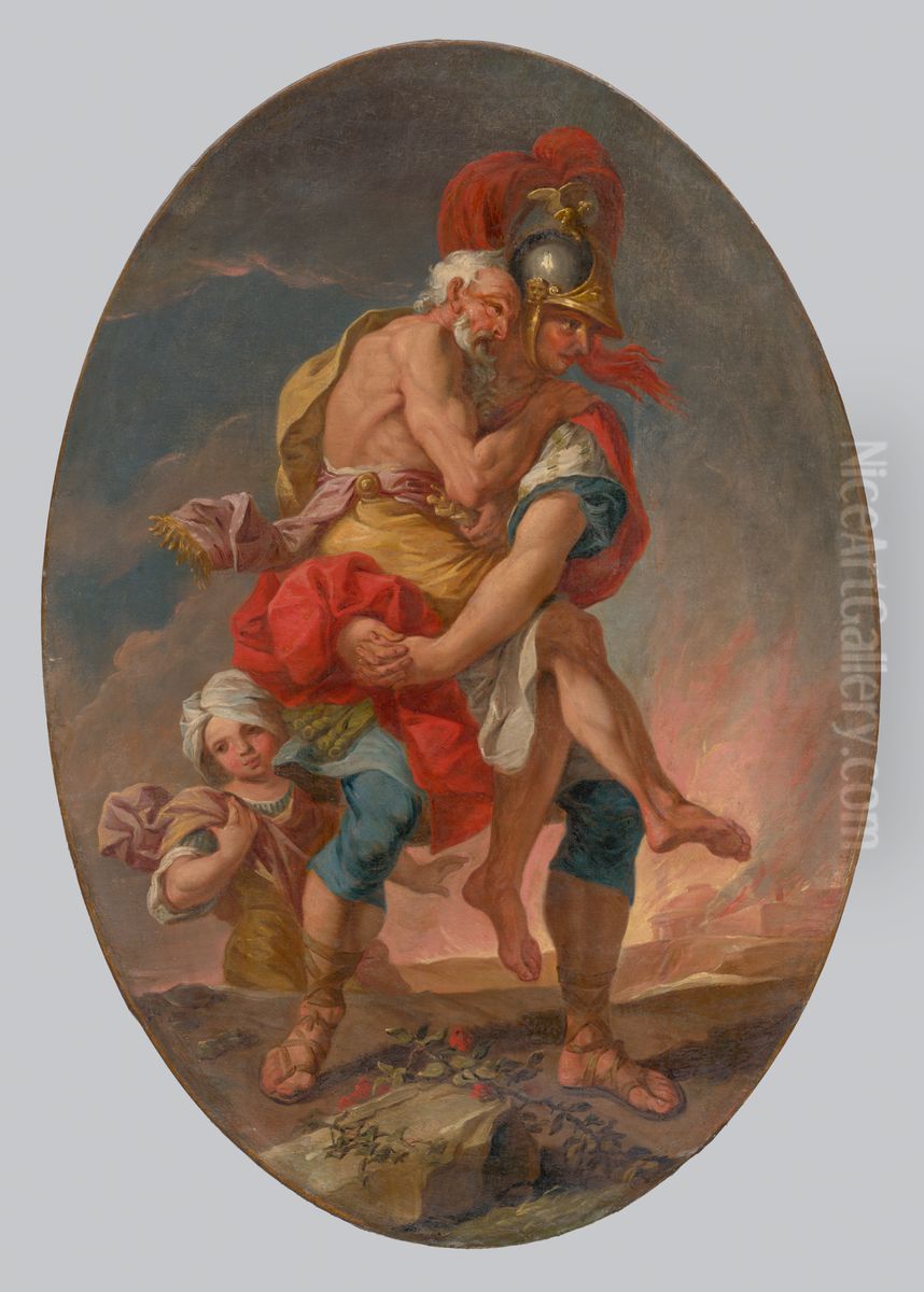 Aeneas Rescues Anchises from Burning Troy Oil Painting by Johann Heinrich Schonfeld