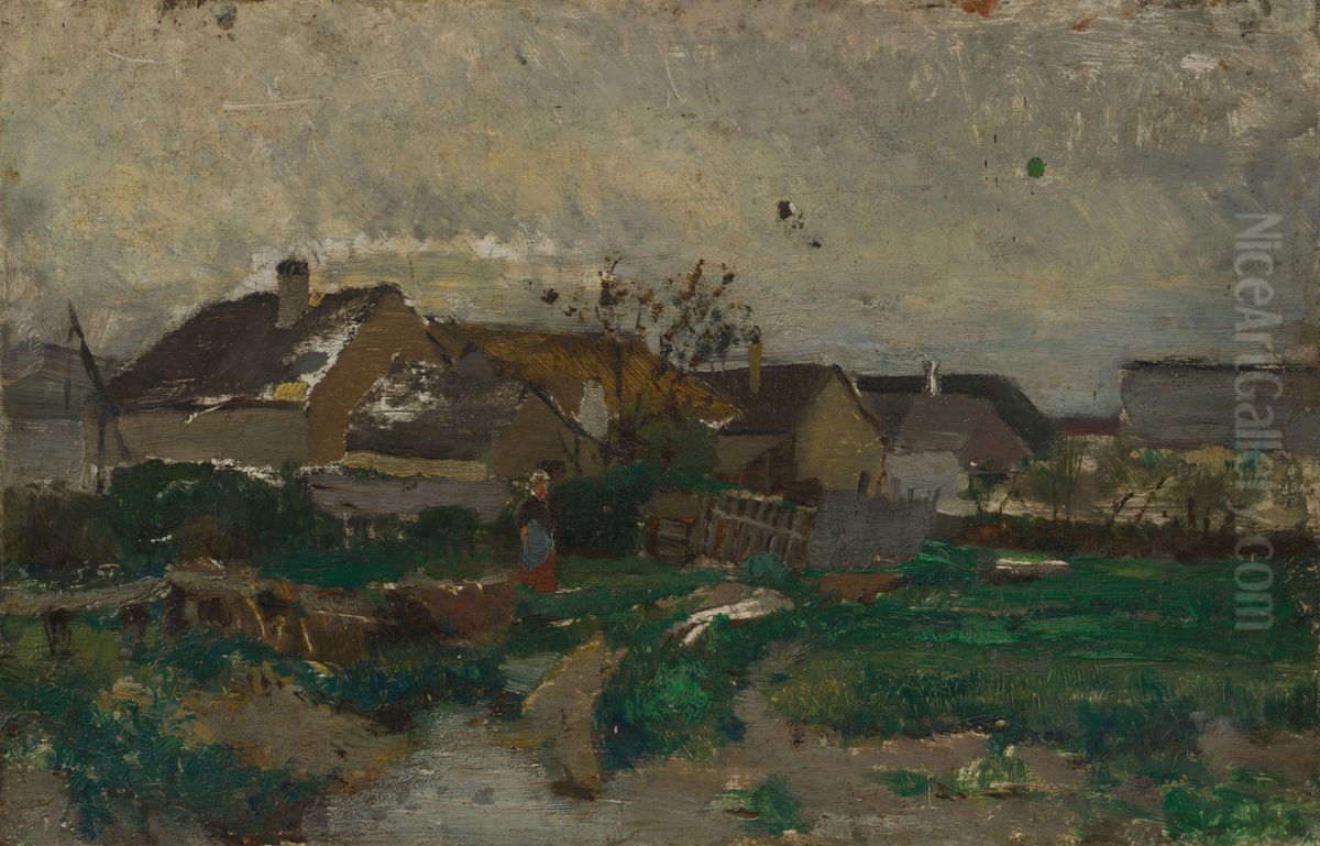 Village Oil Painting by Laszlo Mednyanszky