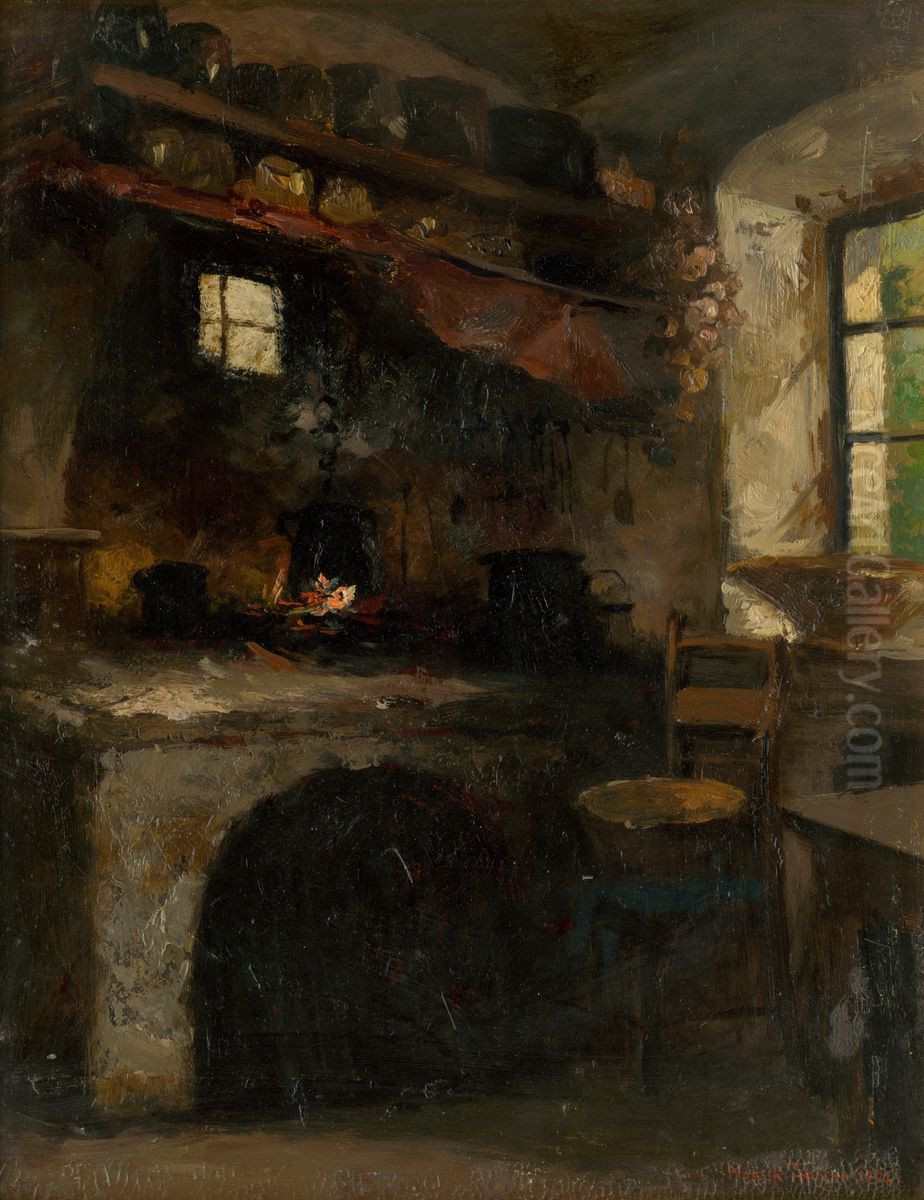 Inside a Village Room Oil Painting by Felician Moczik