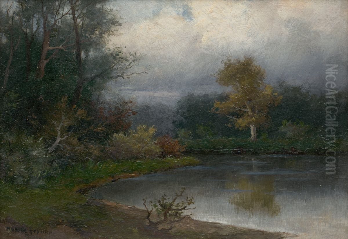 Landscape with a Pond Oil Painting by Felician Moczik