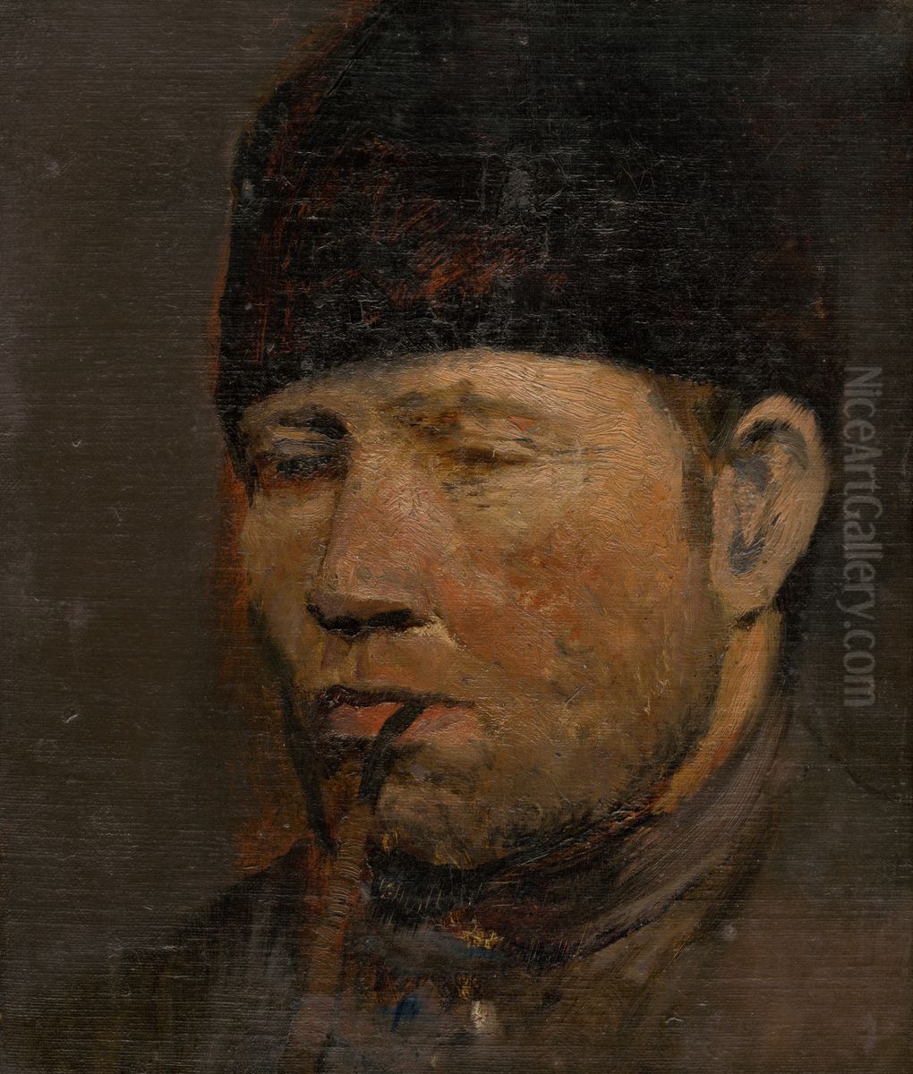 Head Study of a Peasant with a Pipe Oil Painting by Laszlo Mednyanszky