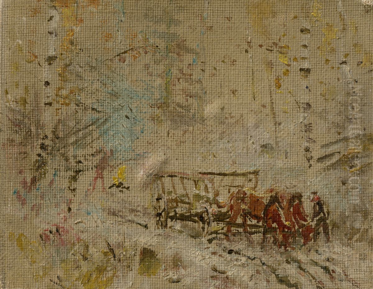 Winter Landscape with a Hay Wagon Oil Painting by Laszlo Mednyanszky