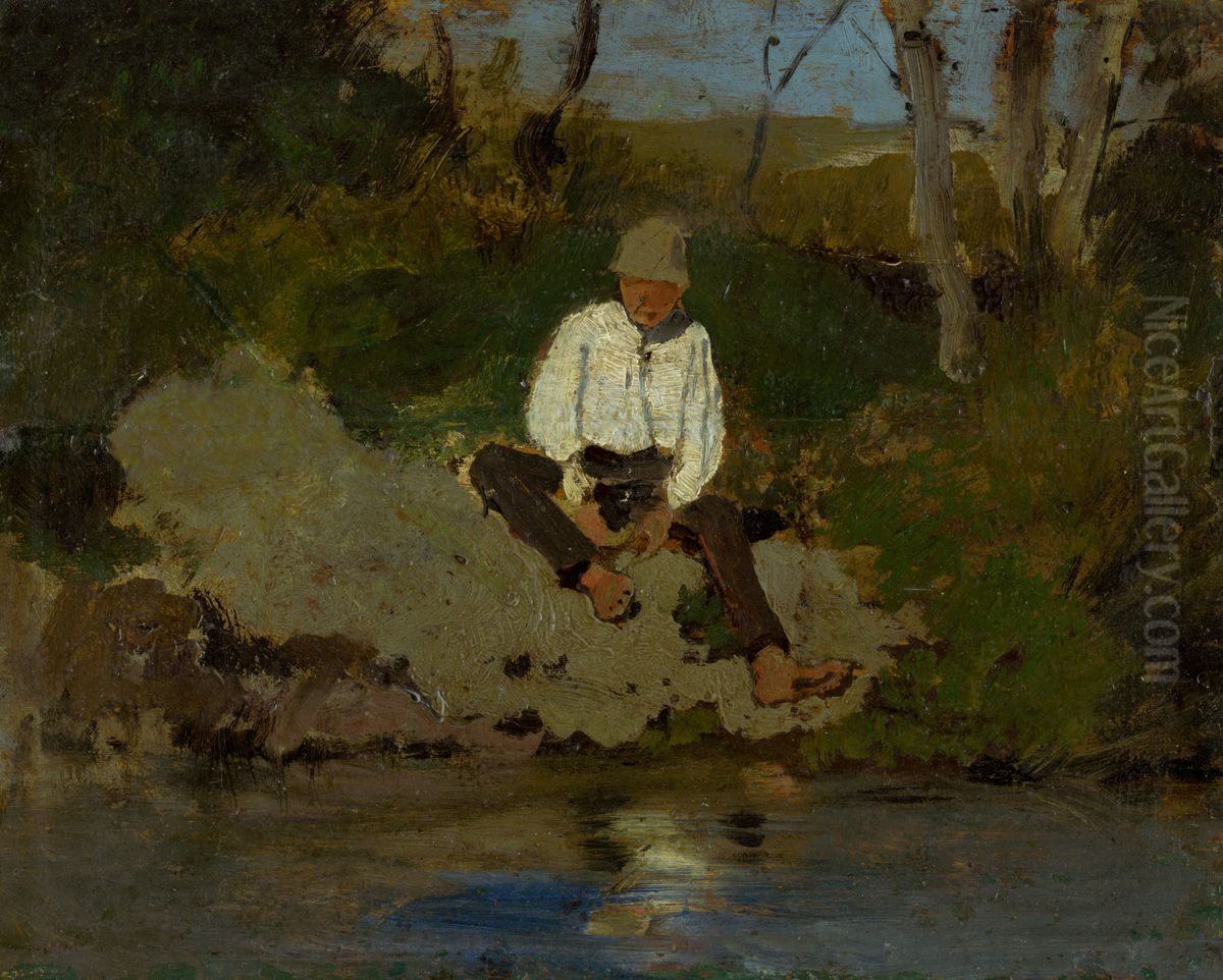 Pastierik na brehu rieky Oil Painting by Laszlo Mednyanszky