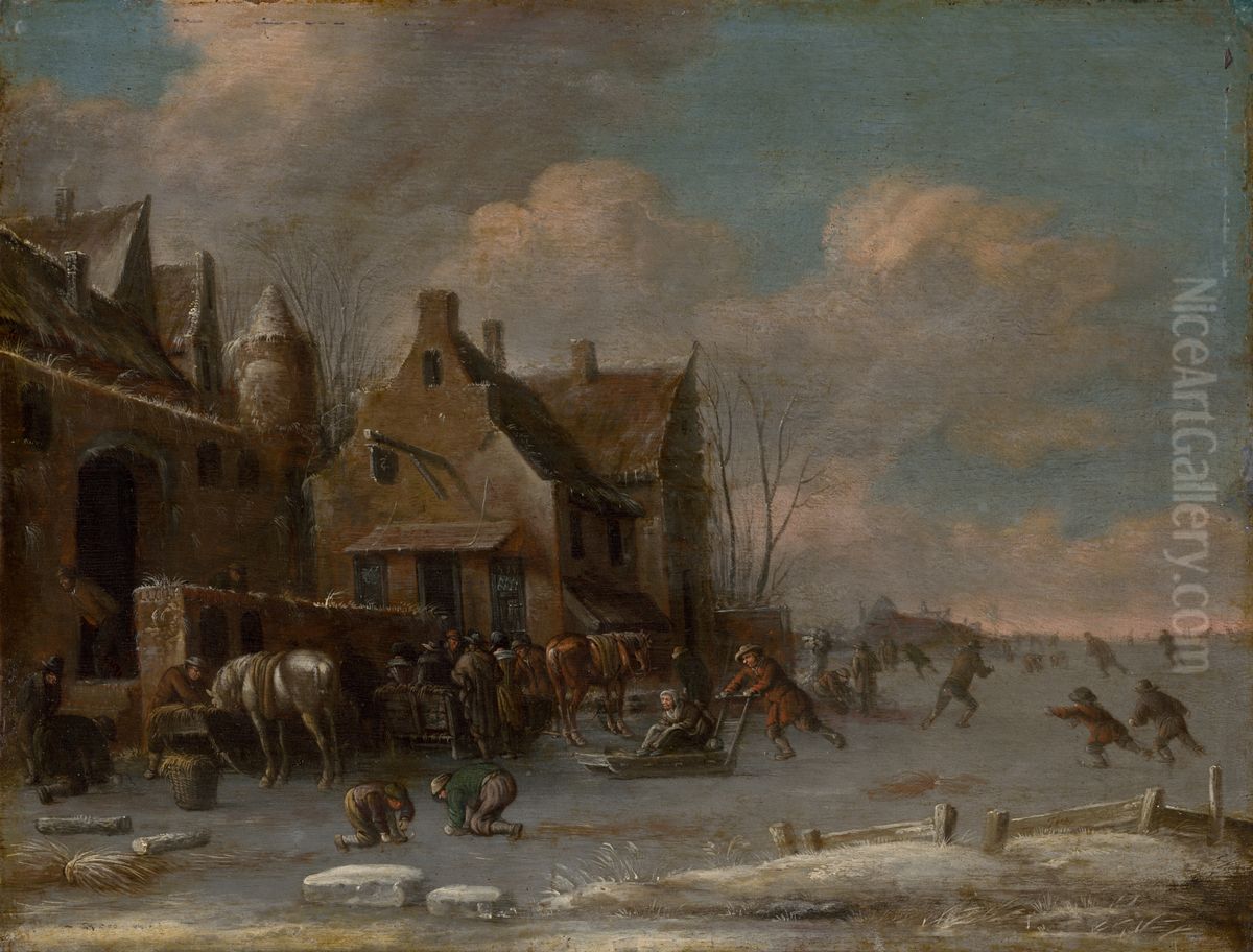 Before an Inn in Winter Oil Painting by Thomas Heeremans