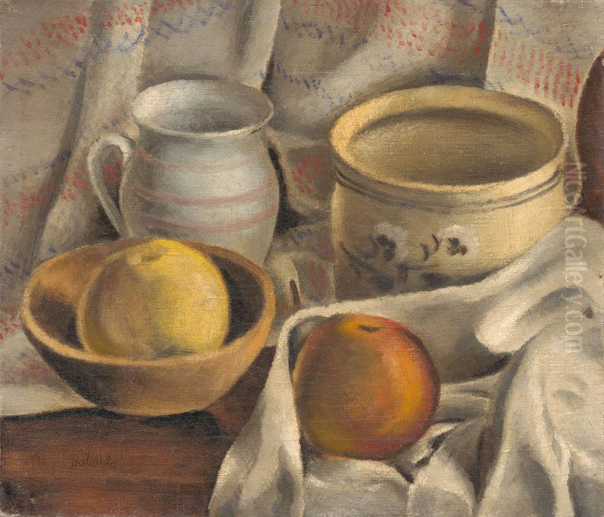 Zatisie s keramickymi hrncami a jablkami Oil Painting by Mikulas Galanda