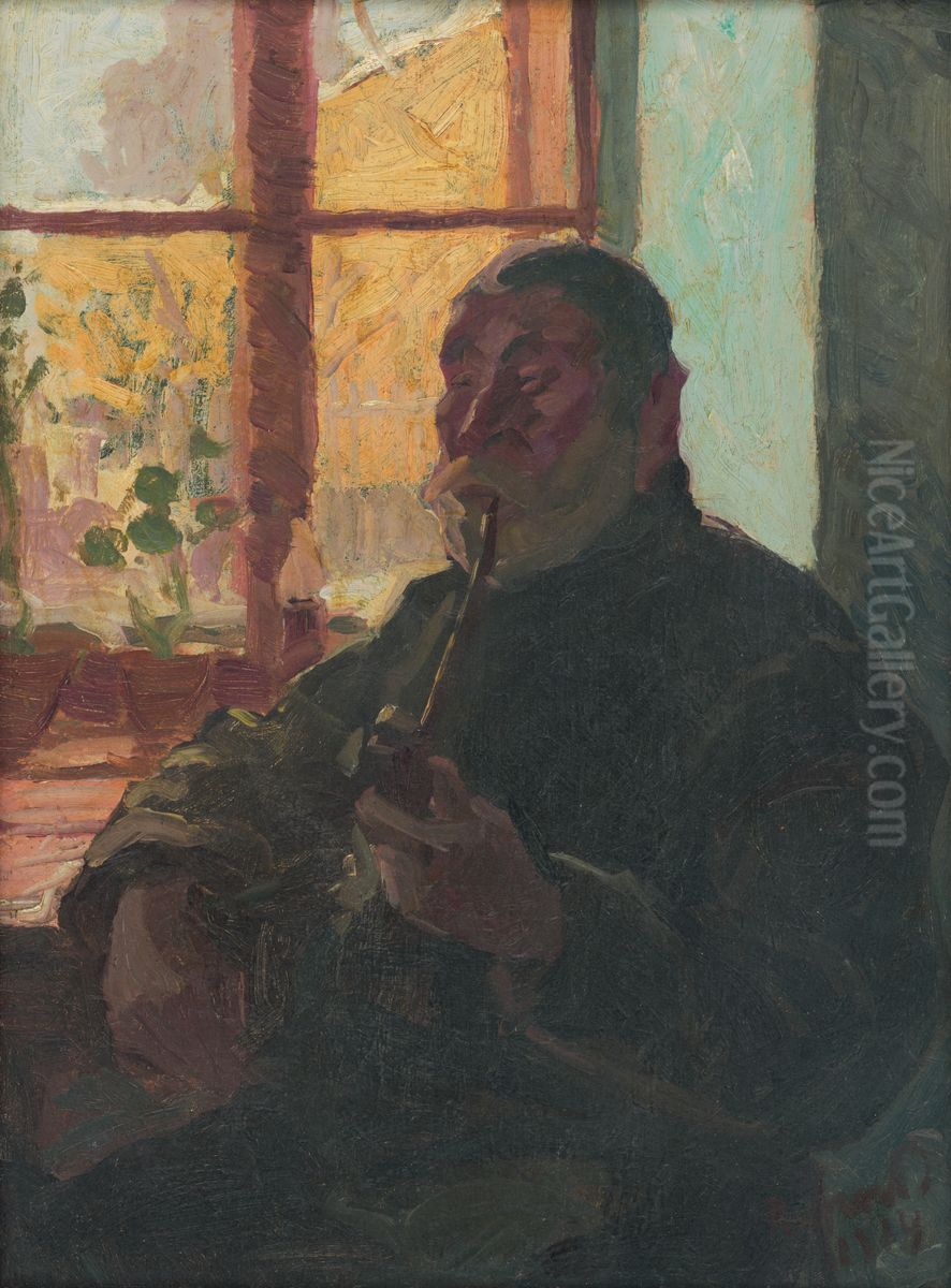 Old Man with a Pipe by Window Oil Painting by Jozsef Rippl-Ronai