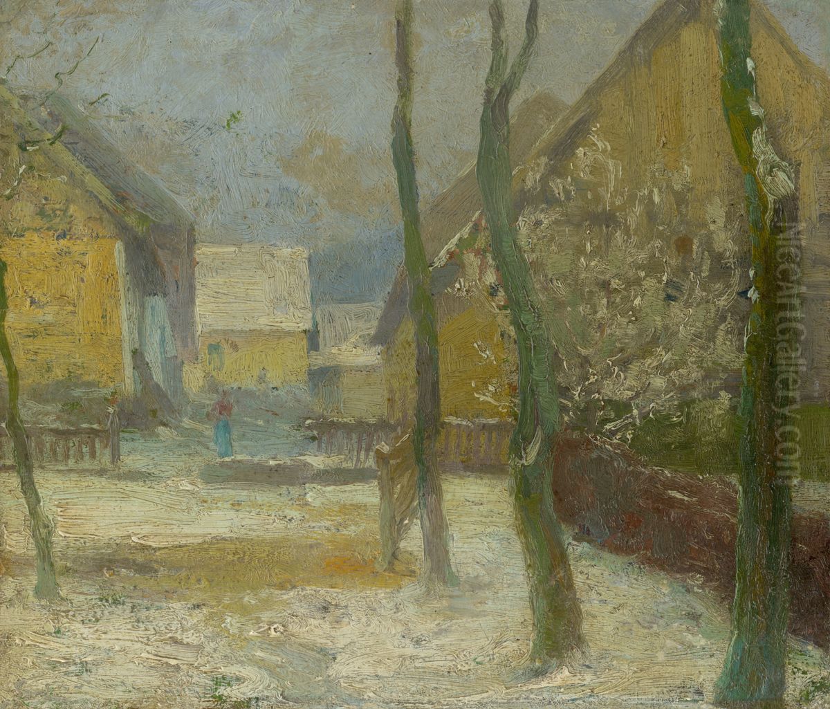 Artist's Courtyard in Slanec in Winter Oil Painting by Lajos Csordak