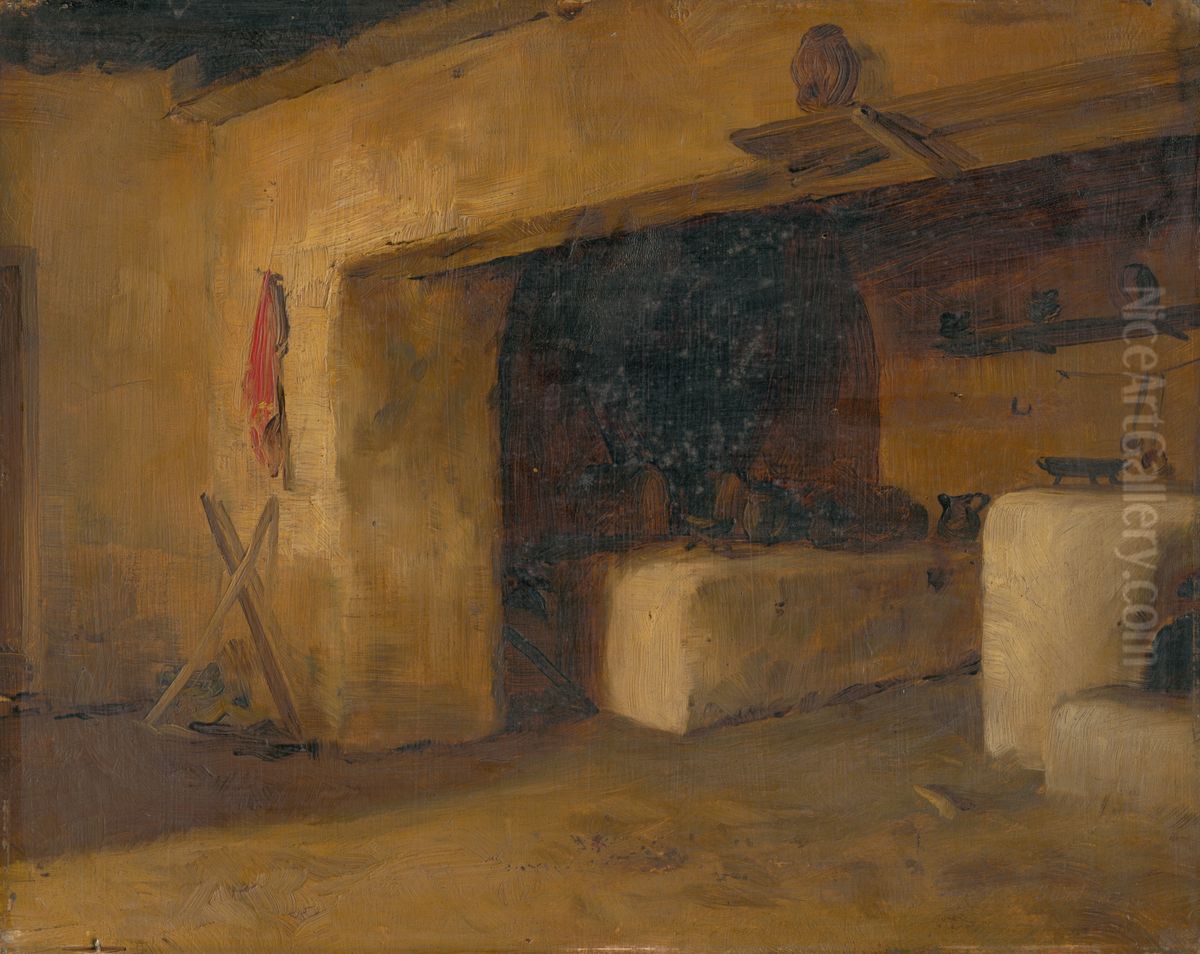 Vnutro chalupy Oil Painting by Ede Ballo