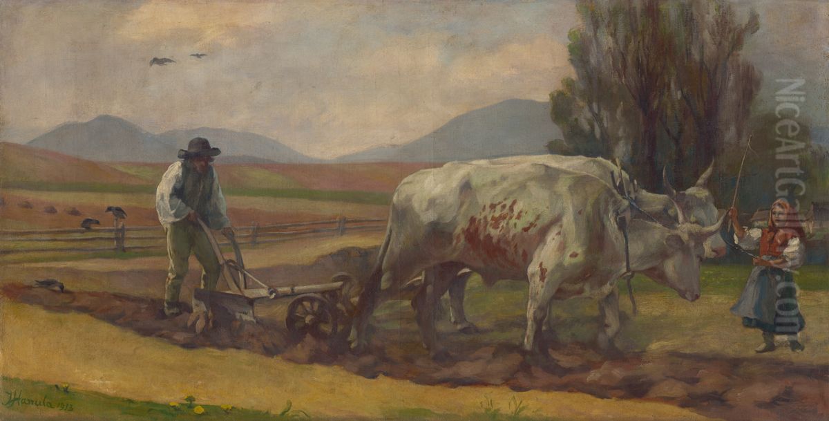 Ploughing Oil Painting by Jozef Hanula