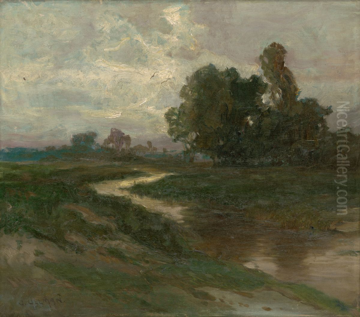 Night Landscape with a Brook Oil Painting by Josef Ullmann