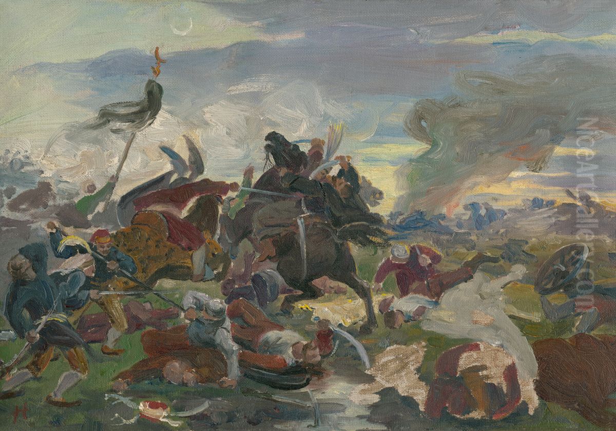 Smrt Tomoryho v Mohacskej bitke Oil Painting by Jozef Hanula