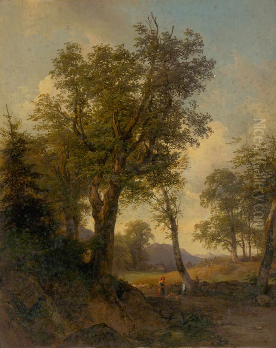 Alpine Landscape with Trees in the Foreground Oil Painting by Joseph Hoger