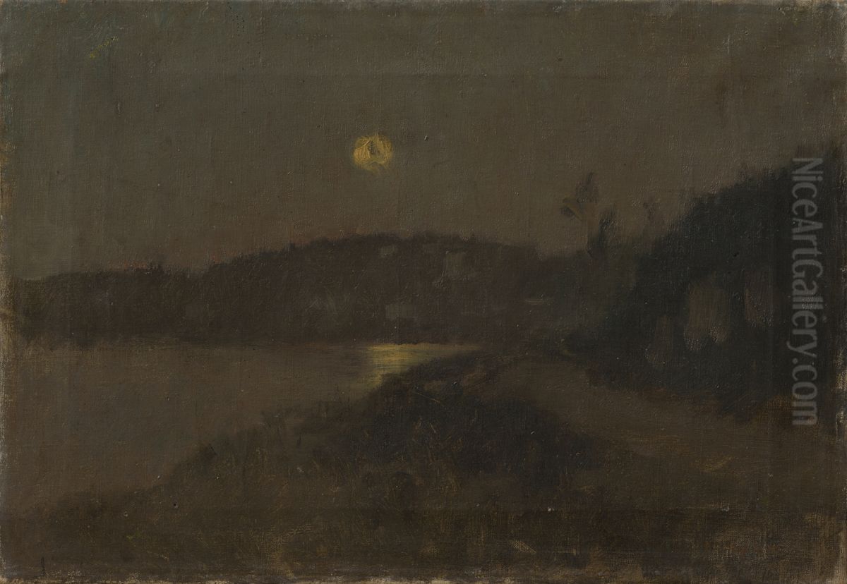 Moonlit night by the River (Landscape by the Moonlight) Oil Painting by Laszlo Mednyanszky