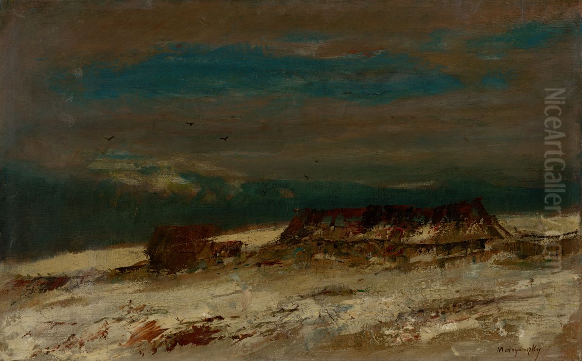 Hamlet in a Winter Landscape Oil Painting by Laszlo Mednyanszky