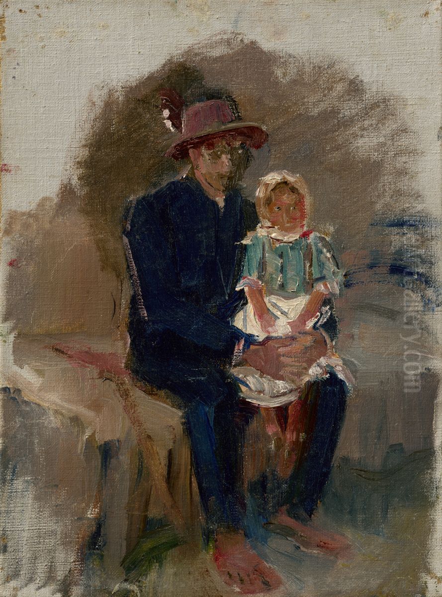 Seated Gypsy with a Girl on his Knees Oil Painting by Laszlo Mednyanszky