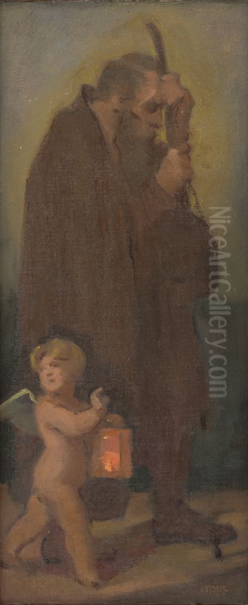 Study of Pilgrims with a Guardian angel - Ahasver Oil Painting by Milan Thomka Mitrovsky