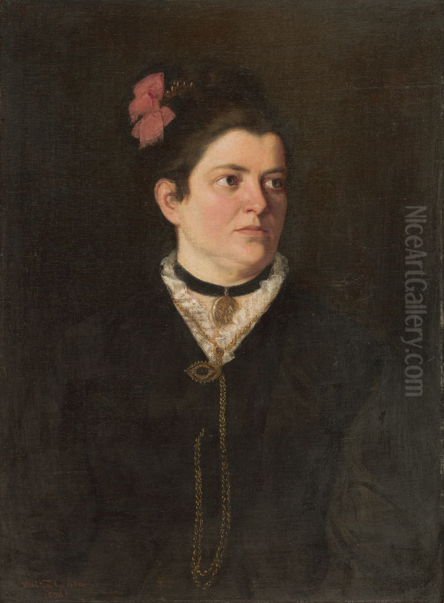 Podobizen damy s ruzovou maslou Oil Painting by Gyula Stetka
